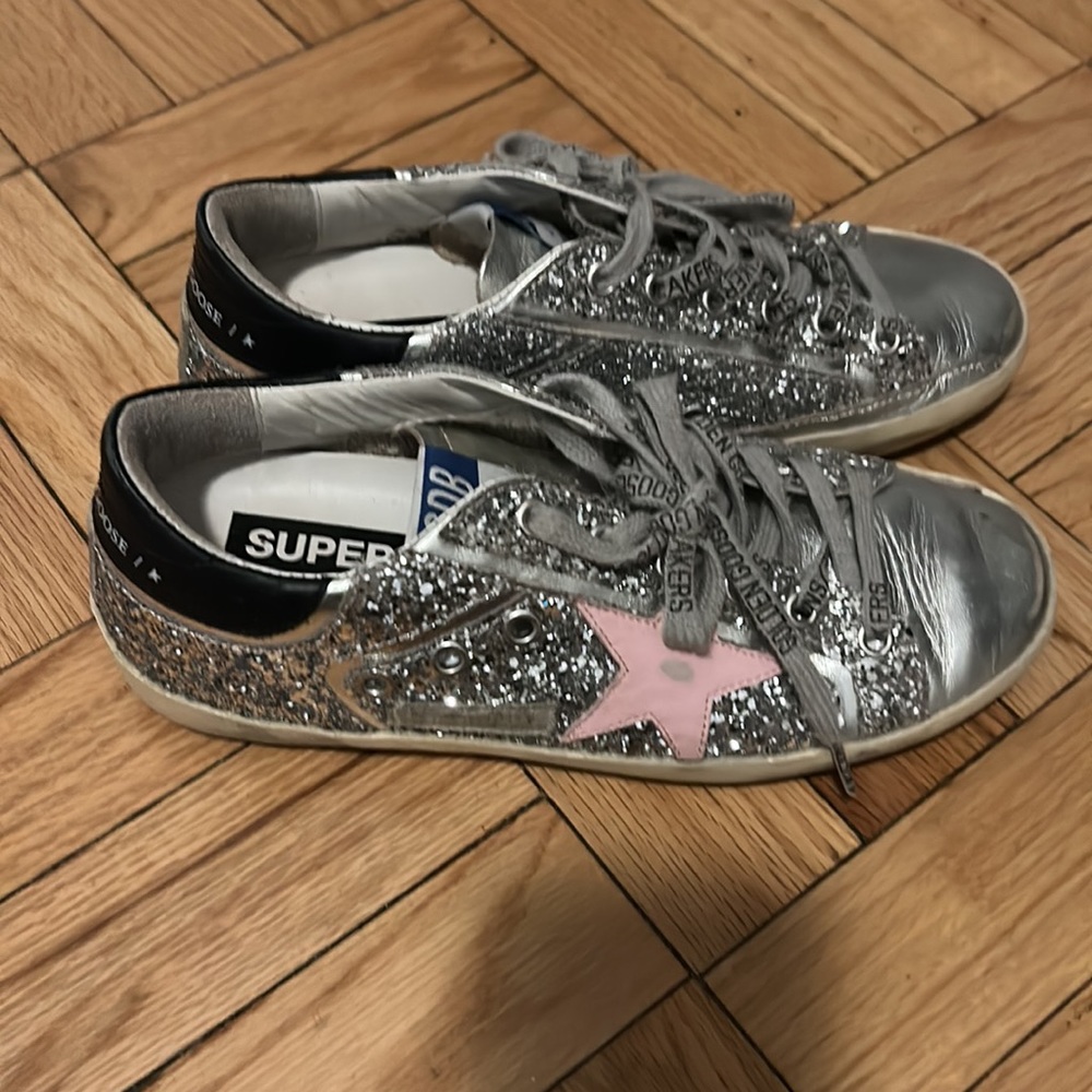 Golden goose silver glitter sneakers with light pink star